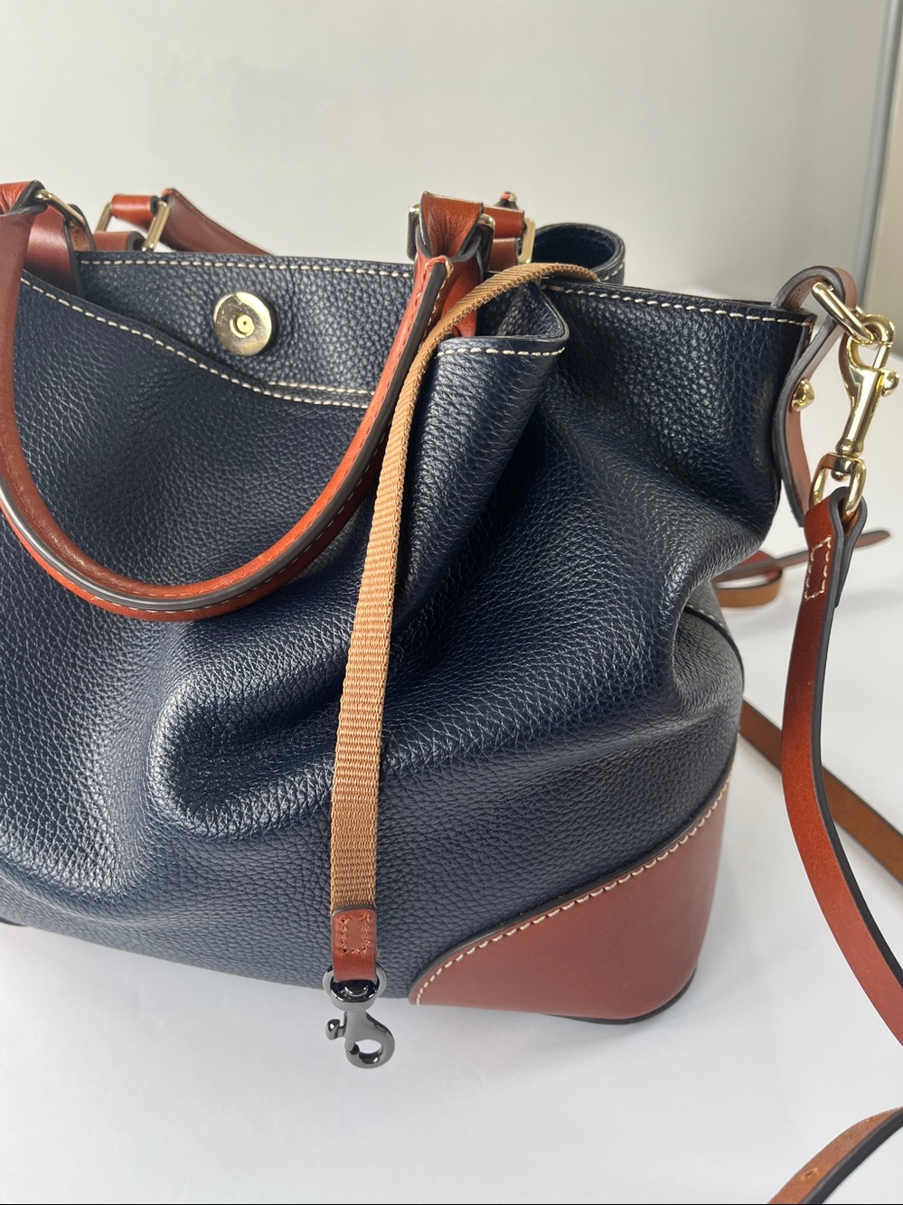 Dooney & Bourke Navy Pebbled Leather Shoulder Bag with Brown Trim - Picture 9 of 16